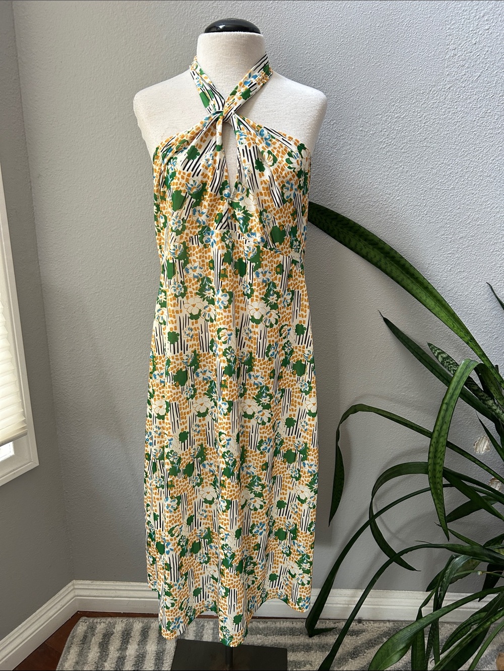 Zara Retro Floral Halter Midi Dress L
